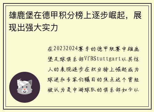 雄鹿堡在德甲积分榜上逐步崛起,展现出强大实力